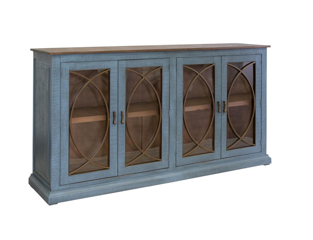 77" Blue Distressed Wood Sideboard With Four Glass Doors HomeRoots
