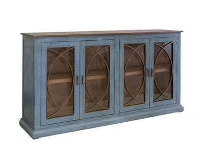 77" Blue Distressed Wood Sideboard With Four Glass Doors HomeRoots