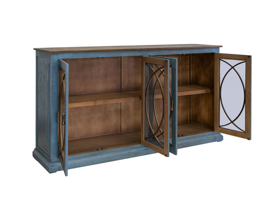 77" Blue Distressed Wood Sideboard With Four Glass Doors