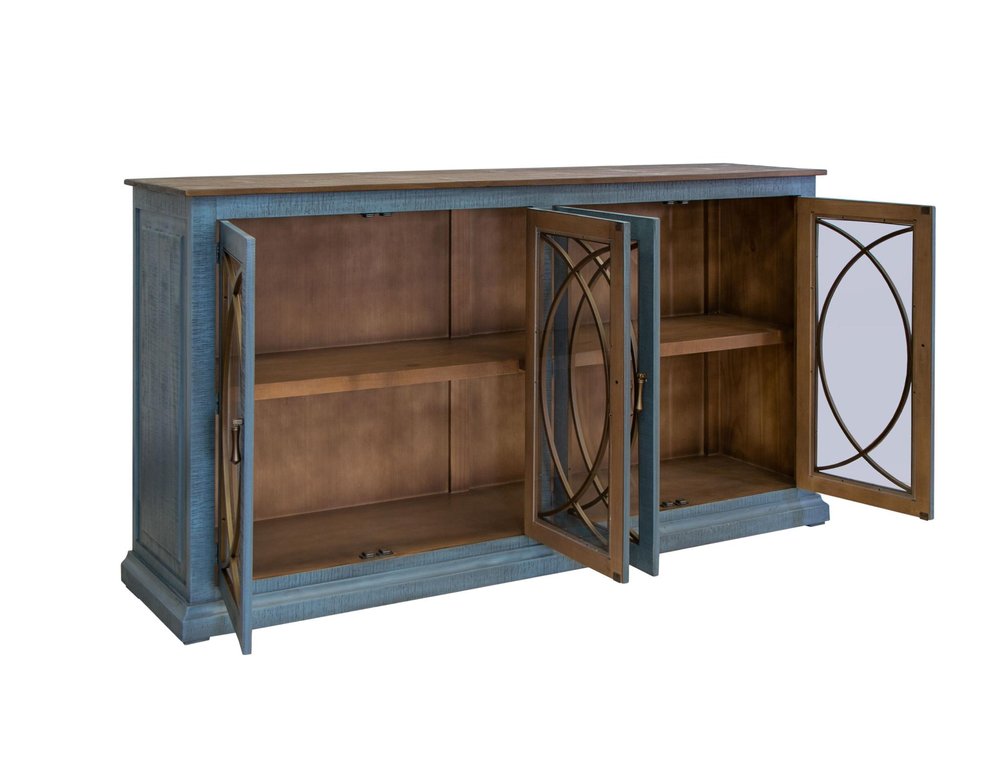 77" Blue Distressed Wood Sideboard With Four Glass Doors — view 2