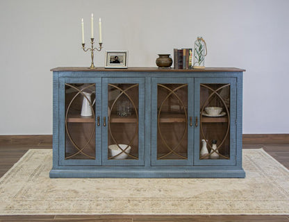77" Blue Distressed Wood Sideboard With Four Glass Doors HomeRoots