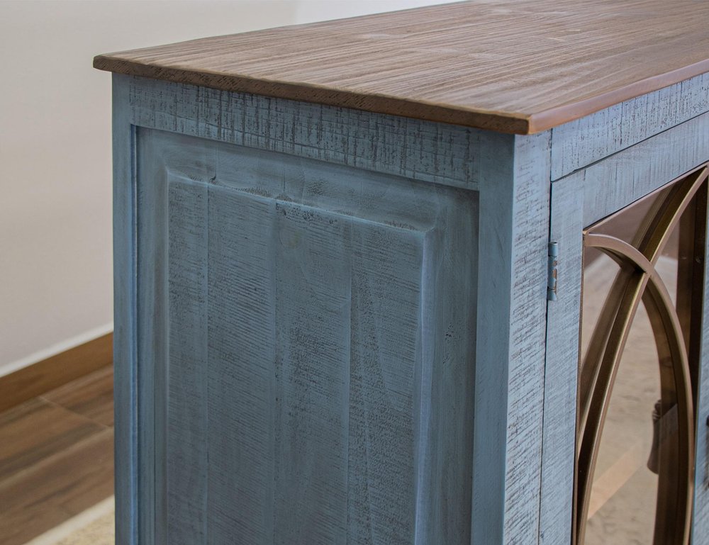 77" Blue Distressed Wood Sideboard With Four Glass Doors — view 5