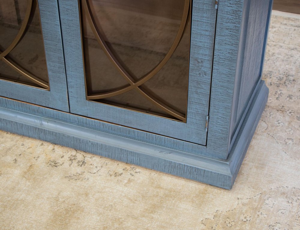 77" Blue Distressed Wood Sideboard With Four Glass Doors HomeRoots
