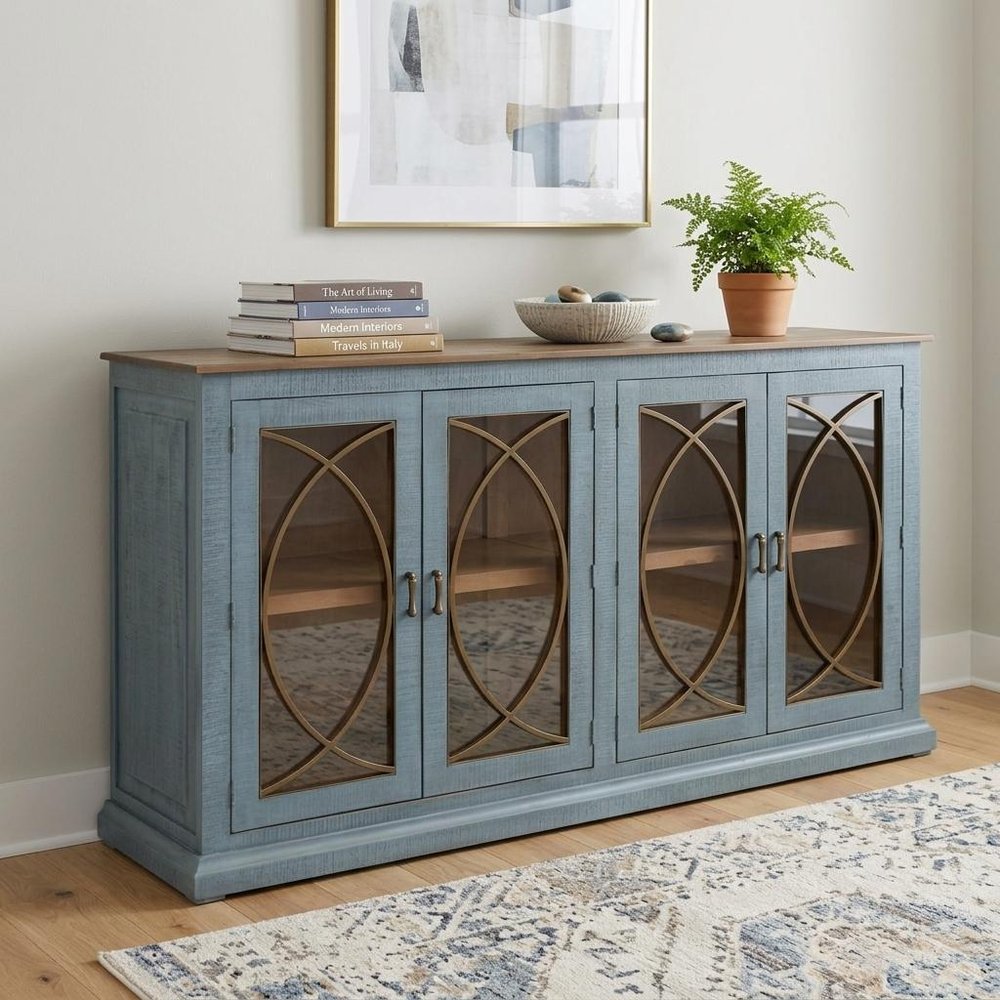 77" Blue Distressed Wood Sideboard With Four Glass Doors — view 7