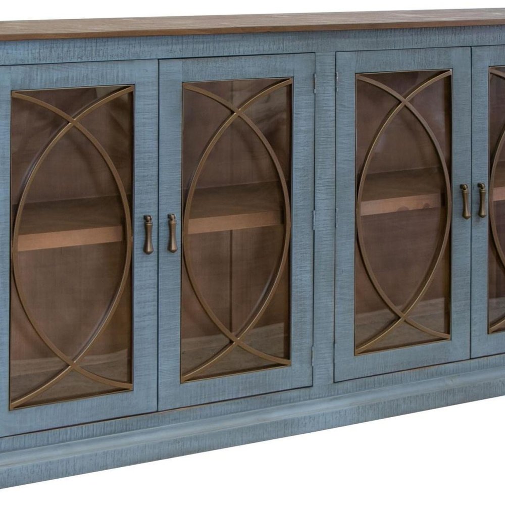 77" Blue Distressed Wood Sideboard With Four Glass Doors HomeRoots