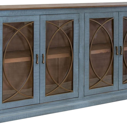 77" Blue Distressed Wood Sideboard With Four Glass Doors HomeRoots