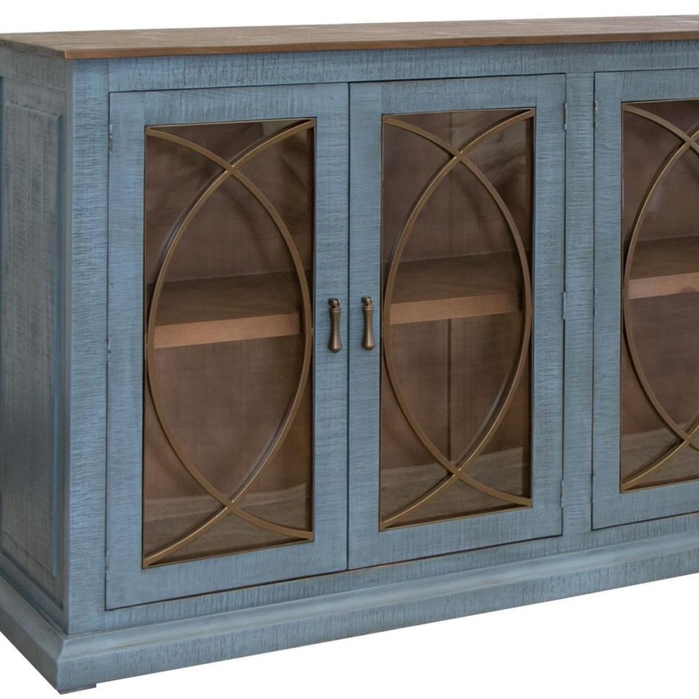 77" Blue Distressed Wood Sideboard With Four Glass Doors — view 9
