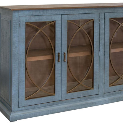 77" Blue Distressed Wood Sideboard With Four Glass Doors