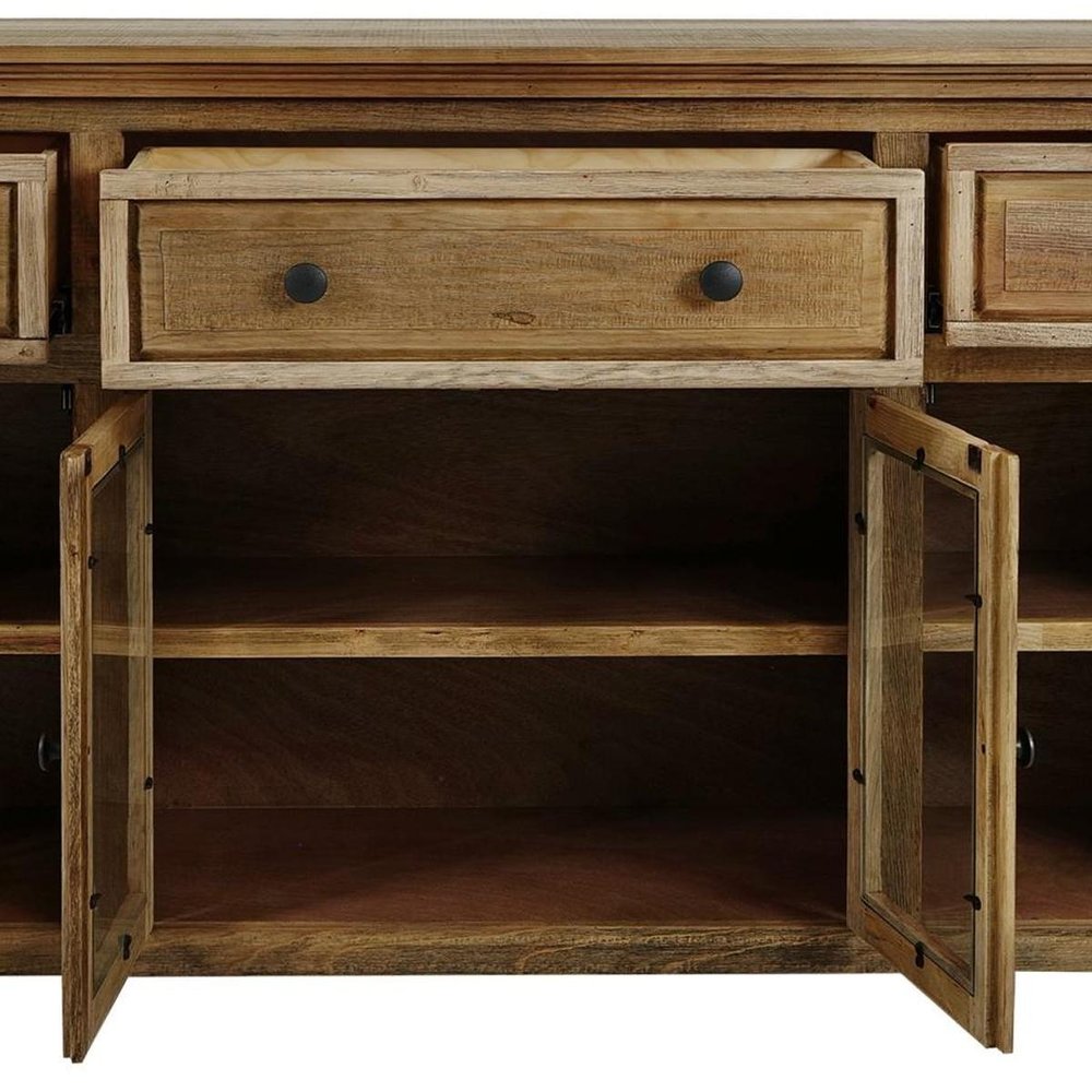 68" Light Brown Distressed Solid Wood And Wood Three Drawer Sideboard With Four Glass Doors HomeRoots