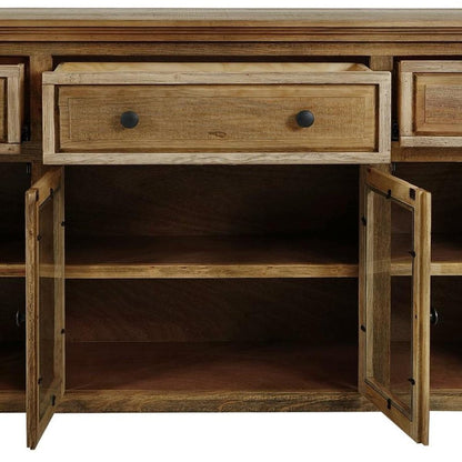 68" Light Brown Distressed Solid Wood And Wood Three Drawer Sideboard With Four Glass Doors HomeRoots