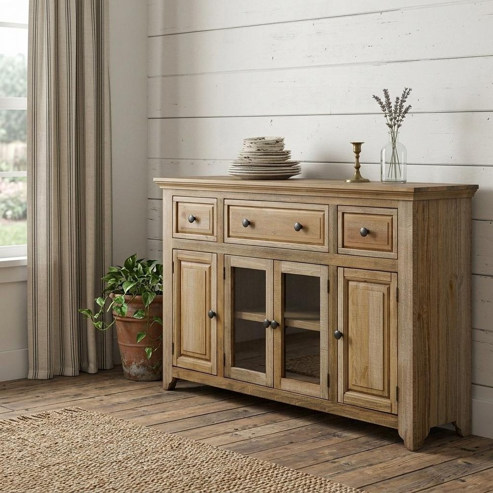 68" Light Brown Distressed Solid Wood And Wood Three Drawer Sideboard With Four Glass Doors — view 8