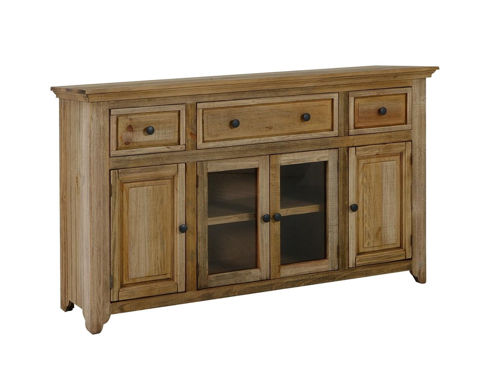 68" Light Brown Distressed Solid Wood And Wood Three Drawer Sideboard With Four Glass Doors — view 1