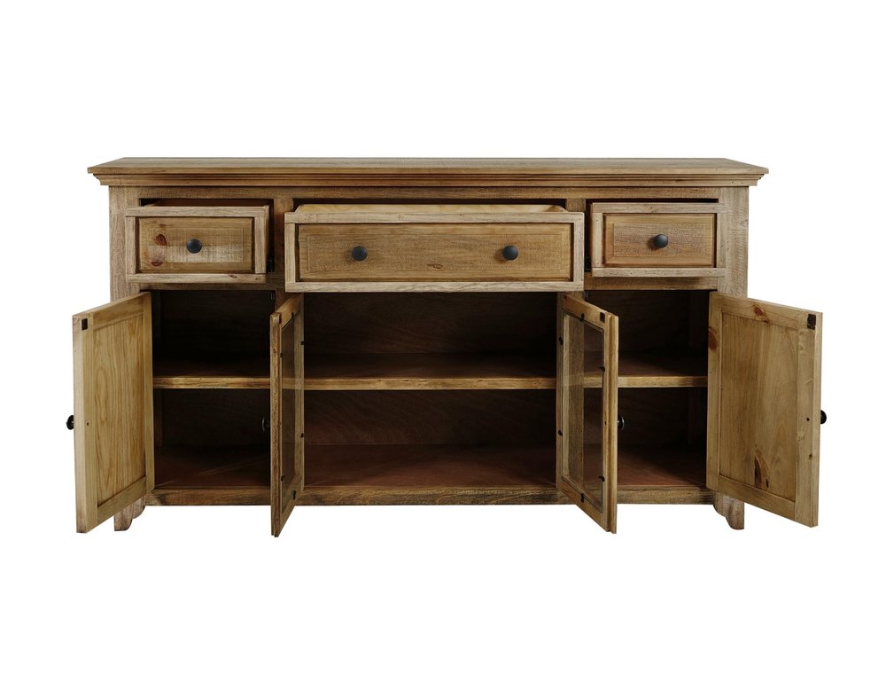 68" Light Brown Distressed Solid Wood And Wood Three Drawer Sideboard With Four Glass Doors — view 2