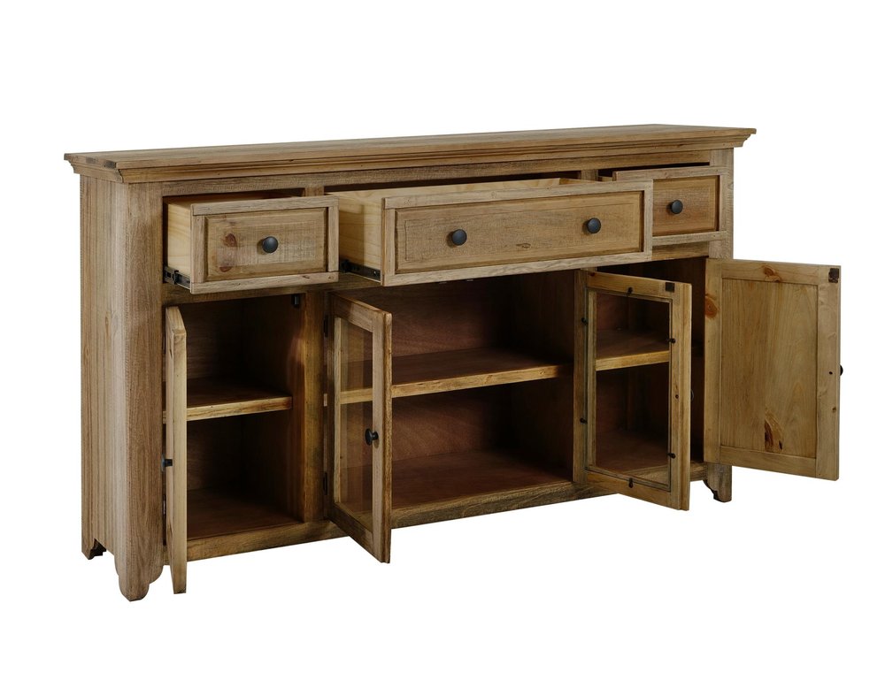 68" Light Brown Distressed Solid Wood And Wood Three Drawer Sideboard With Four Glass Doors — view 3