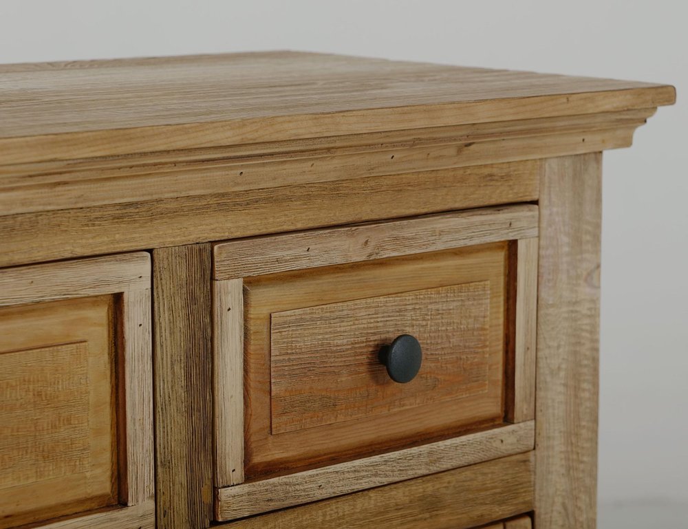 68" Light Brown Distressed Solid Wood And Wood Three Drawer Sideboard With Four Glass Doors — view 5