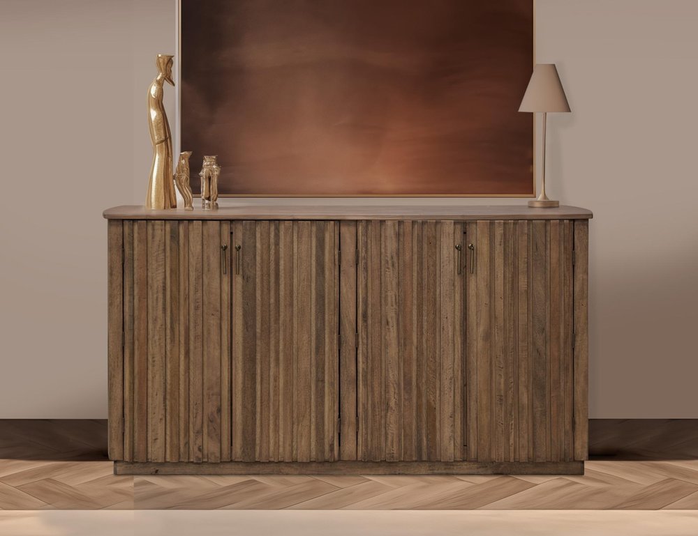 61" Brown Distressed Wood Sideboard With Four Doors — view 3