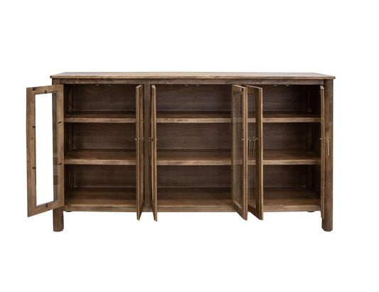 73" Brown Distressed Wood Sideboard With Six Glass Doors