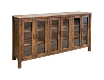 73" Brown Distressed Wood Sideboard With Six Glass Doors HomeRoots