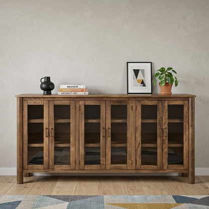 73" Brown Distressed Wood Sideboard With Six Glass Doors HomeRoots