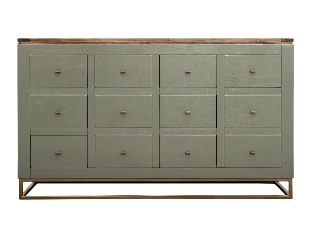 61" Green Brown And Gold Distressed Wood 12 Drawer Sideboard — view 1
