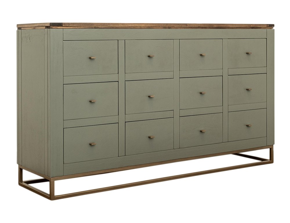 61" Green Brown And Gold Distressed Wood 12 Drawer Sideboard — view 2