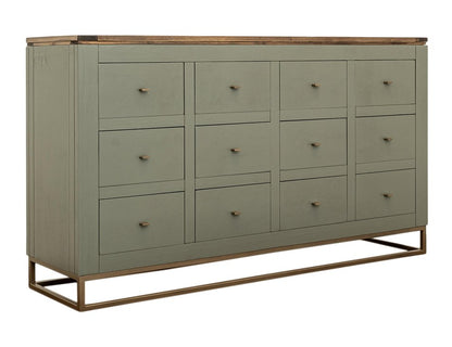 61" Green Brown And Gold Distressed Wood 12 Drawer Sideboard
