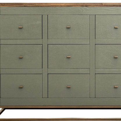 61" Green Brown And Gold Distressed Wood 12 Drawer Sideboard