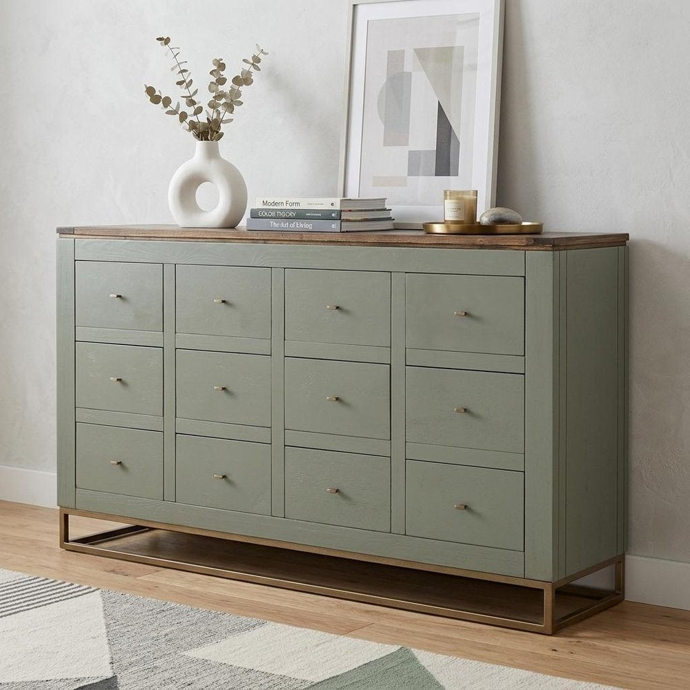 61" Green Brown And Gold Distressed Wood 12 Drawer Sideboard HomeRoots