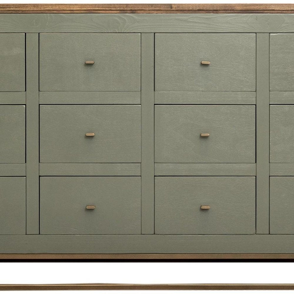 61" Green Brown And Gold Distressed Wood 12 Drawer Sideboard HomeRoots