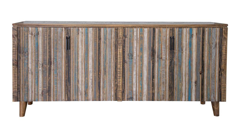 69" Blue Distressed Wood Sideboard With Four Doors HomeRoots