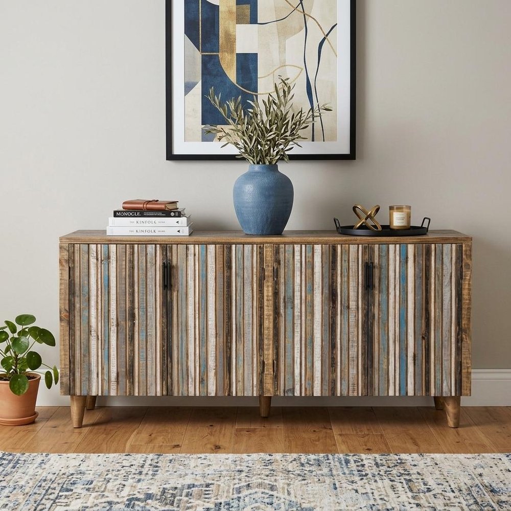 69" Blue Distressed Wood Sideboard With Four Doors — view 7