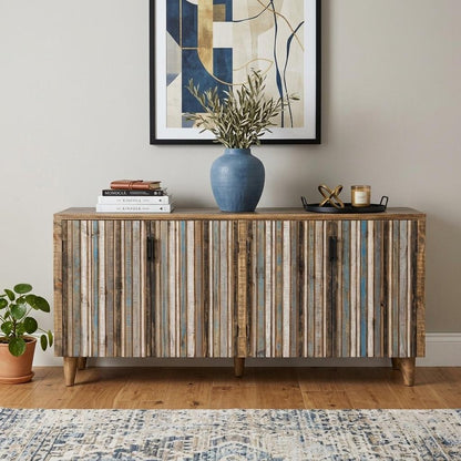 69" Blue Distressed Wood Sideboard With Four Doors HomeRoots