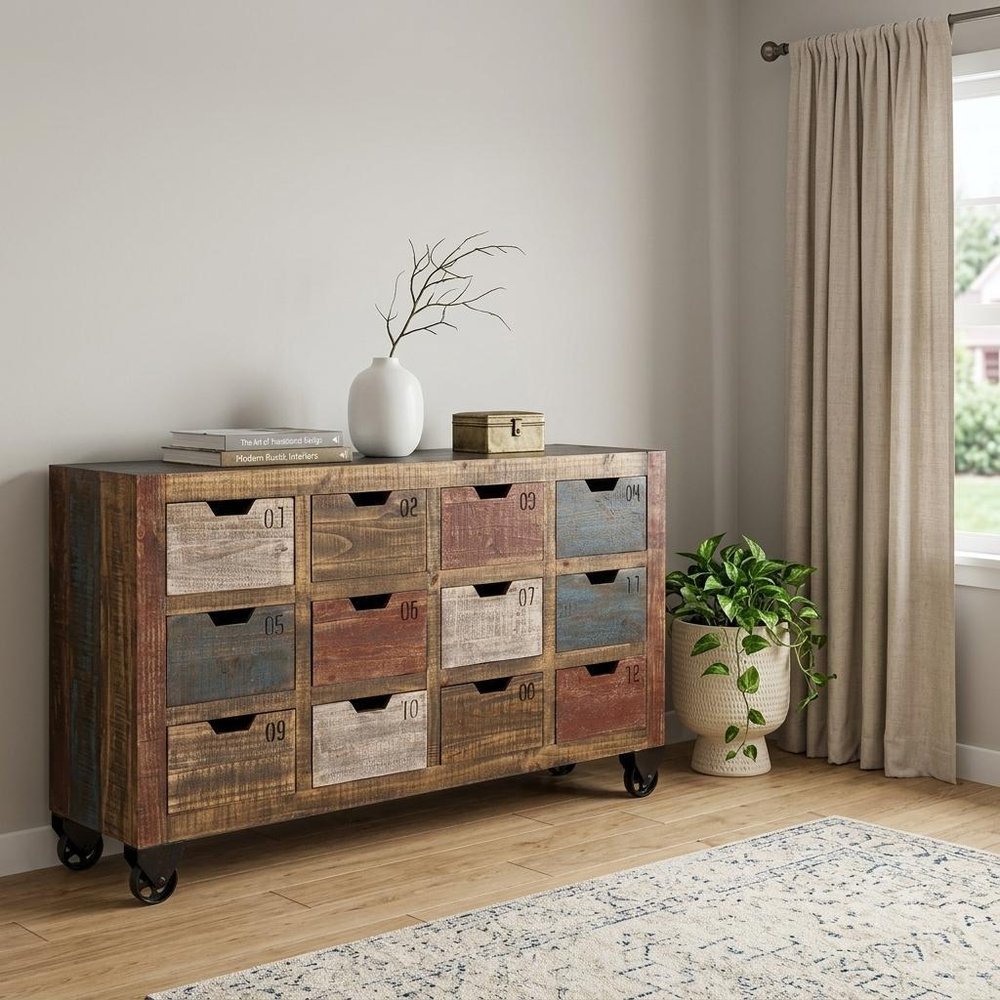 61" Brown Distressed Wood 12 Drawer Sideboard HomeRoots