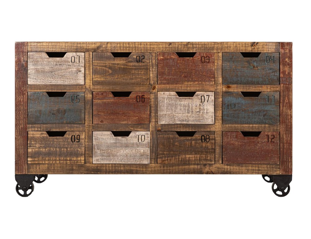 61" Brown Distressed Wood 12 Drawer Sideboard — view 1