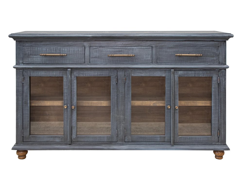 71" Blue Distressed Wood Three Drawer Sideboard With Four Glass Doors HomeRoots