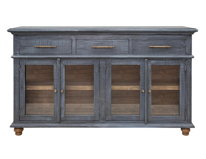 71" Blue Distressed Wood Three Drawer Sideboard With Four Glass Doors HomeRoots