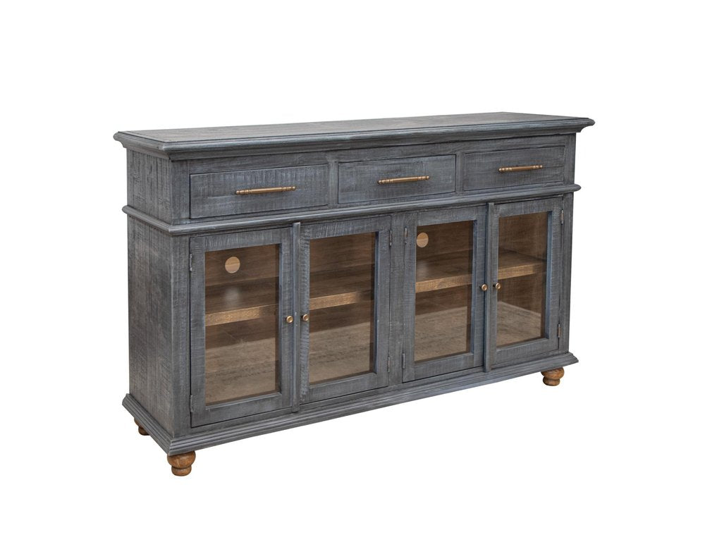 71" Blue Distressed Wood Three Drawer Sideboard With Four Glass Doors — view 2
