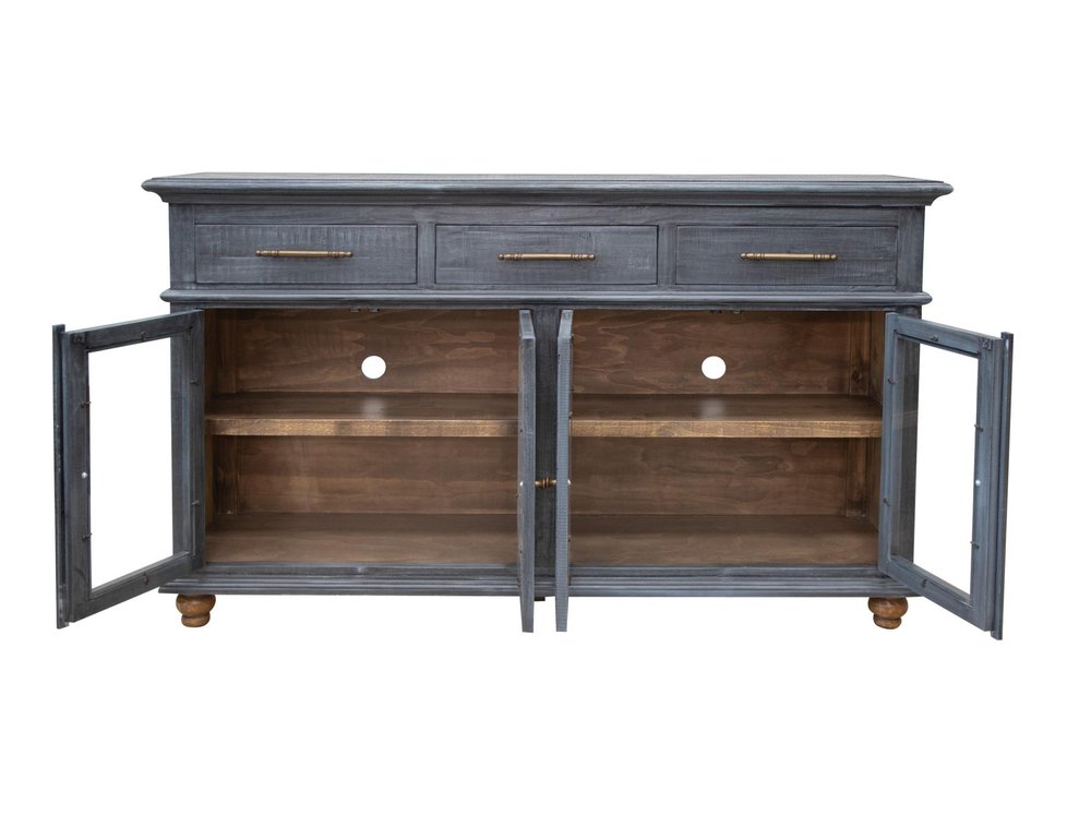71" Blue Distressed Wood Three Drawer Sideboard With Four Glass Doors — view 3