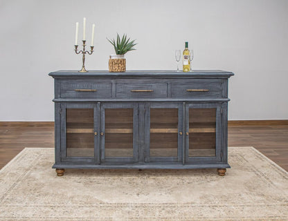 71" Blue Distressed Wood Three Drawer Sideboard With Four Glass Doors HomeRoots