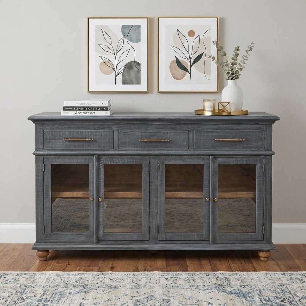 71" Blue Distressed Wood Three Drawer Sideboard With Four Glass Doors HomeRoots