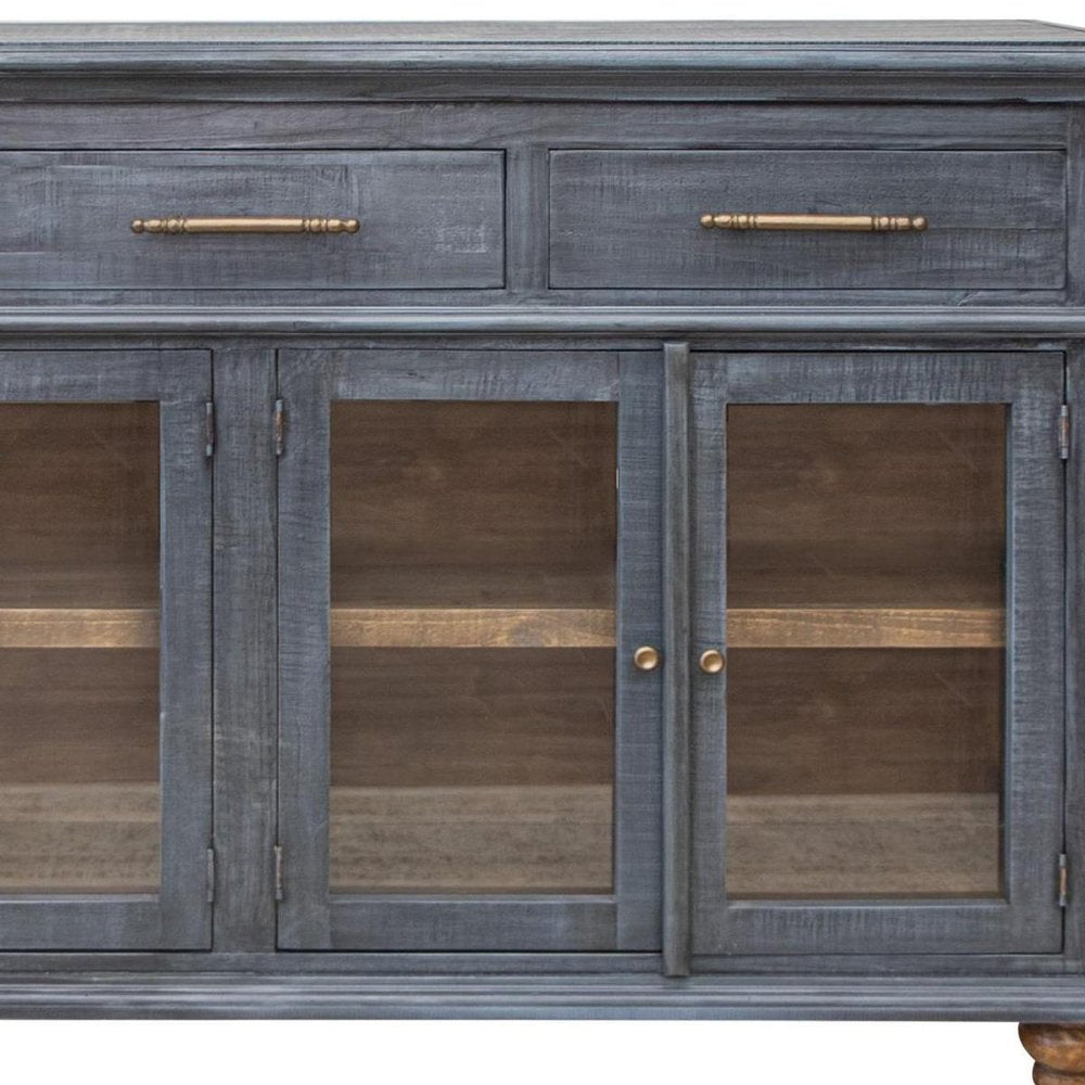 71" Blue Distressed Wood Three Drawer Sideboard With Four Glass Doors — view 8