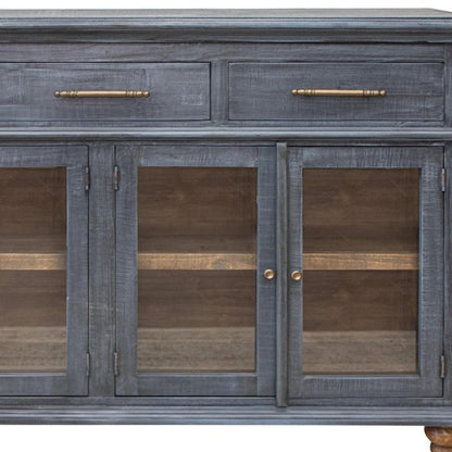 71" Blue Distressed Wood Three Drawer Sideboard With Four Glass Doors