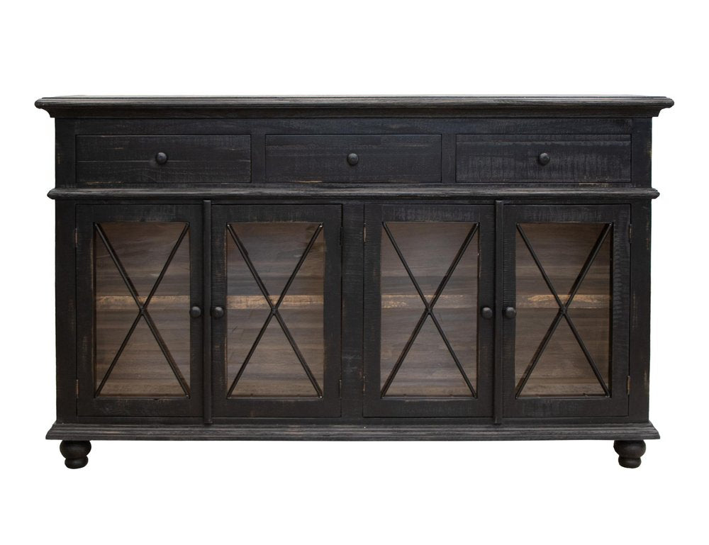 71" Black Distressed Wood Three Drawer Credenza With Four Glass Doors — view 1
