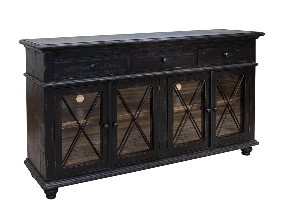 71" Black Distressed Wood Three Drawer Credenza With Four Glass Doors — view 2