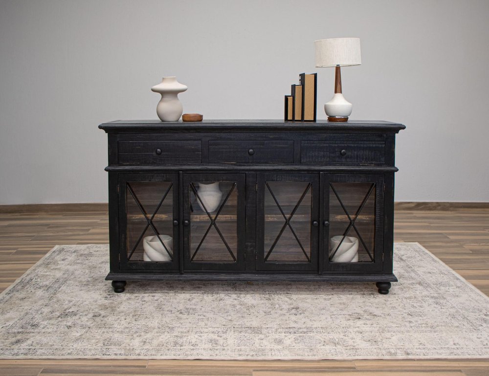 71" Black Distressed Wood Three Drawer Credenza With Four Glass Doors — view 3