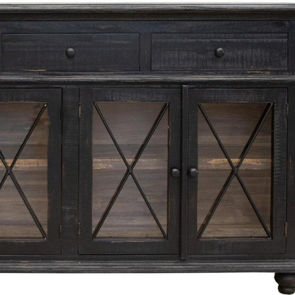 71" Black Distressed Wood Three Drawer Credenza With Four Glass Doors HomeRoots