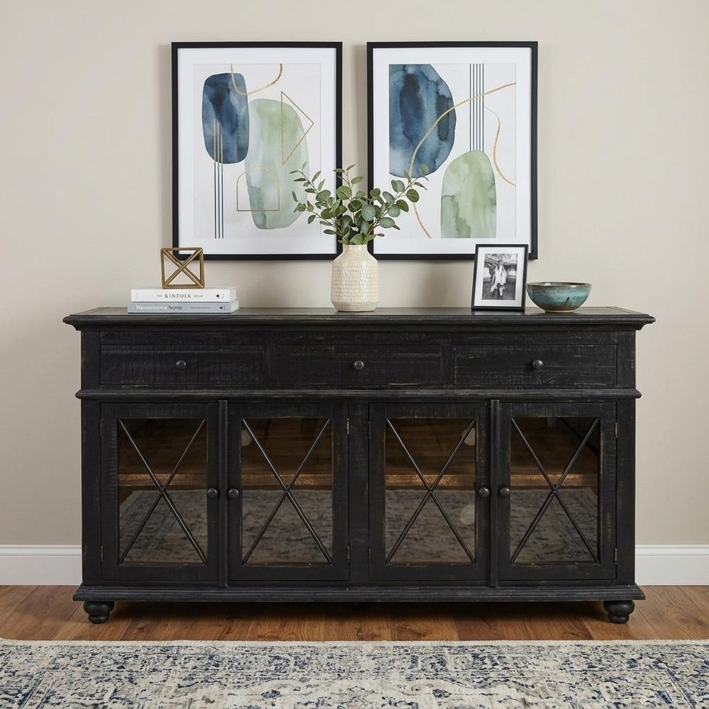 71" Black Distressed Wood Three Drawer Credenza With Four Glass Doors — view 6
