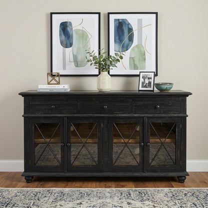 71" Black Distressed Wood Three Drawer Credenza With Four Glass Doors