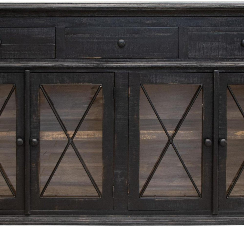 71" Black Distressed Wood Three Drawer Credenza With Four Glass Doors HomeRoots