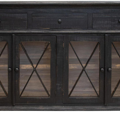 71" Black Distressed Wood Three Drawer Credenza With Four Glass Doors HomeRoots